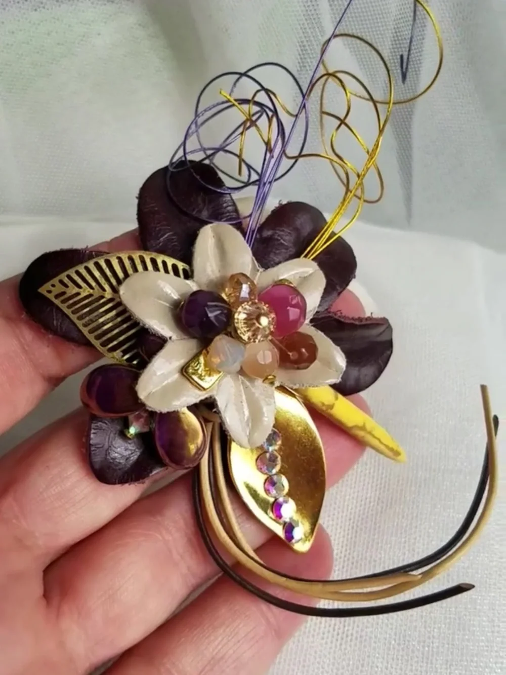 Swarovski Elements Genuine Brown Leather Flower Brooch - Handmade